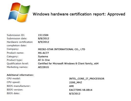 Windows hardware certification report: Approved