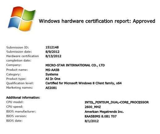 Windows hardware certification report: Approved