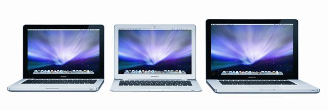 Apple's new MacBook (left), MacBook Air (center) and MacBook Pro (right)